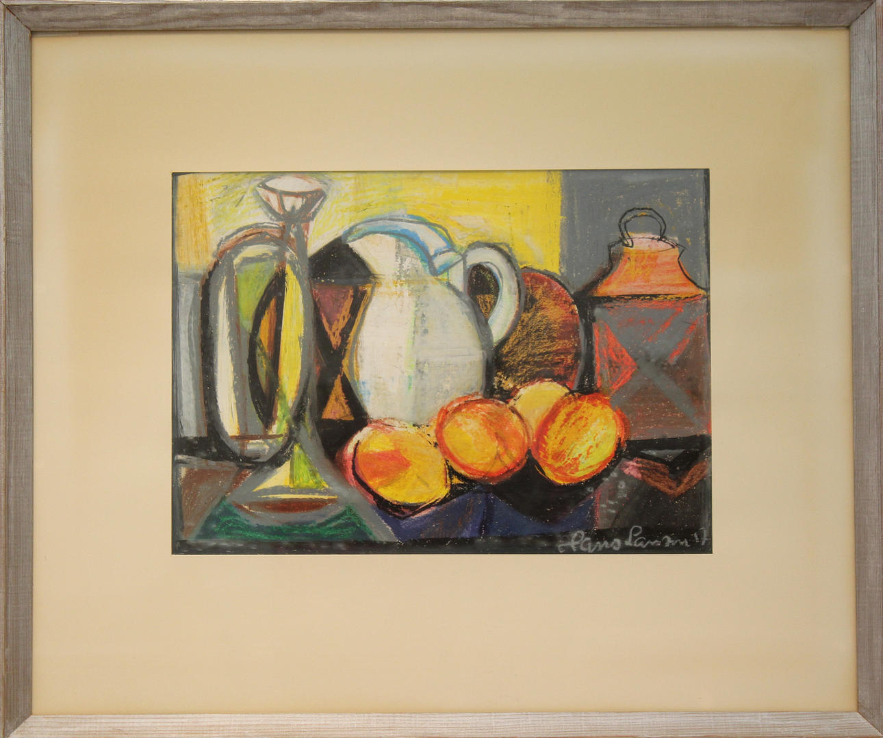 HANS LARSSON. Stilleben med frukter och kanna. Pastell. Signerad.