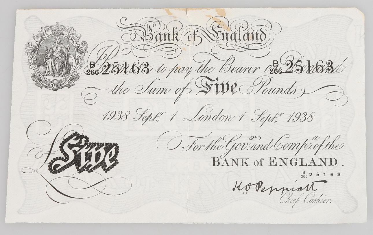 OPERATION BERNHARD. Banknote, 5 Pfund 1938.