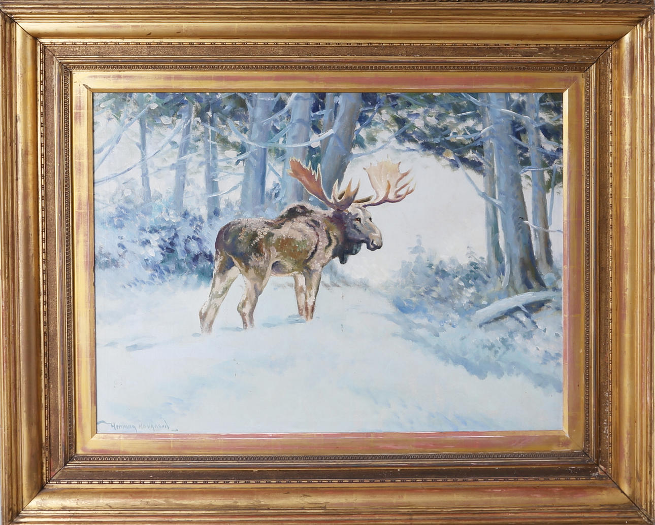 HENNING HOUGAARD. Älgtjur i snö, olja på duk, signerad Henning Hougaard.