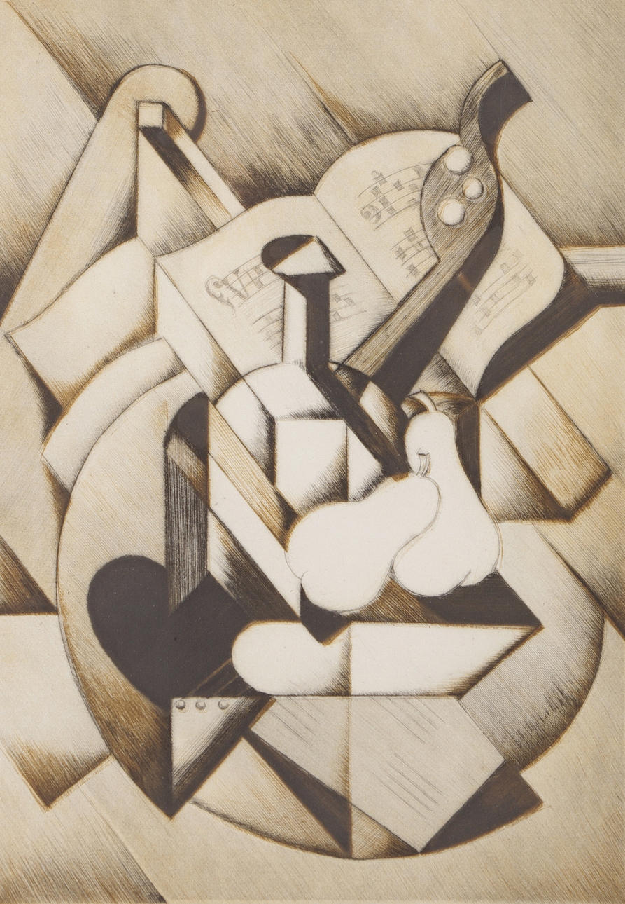 GEORG NILSSON. Kubistiskt stilleben, etsning, signerad Georg.