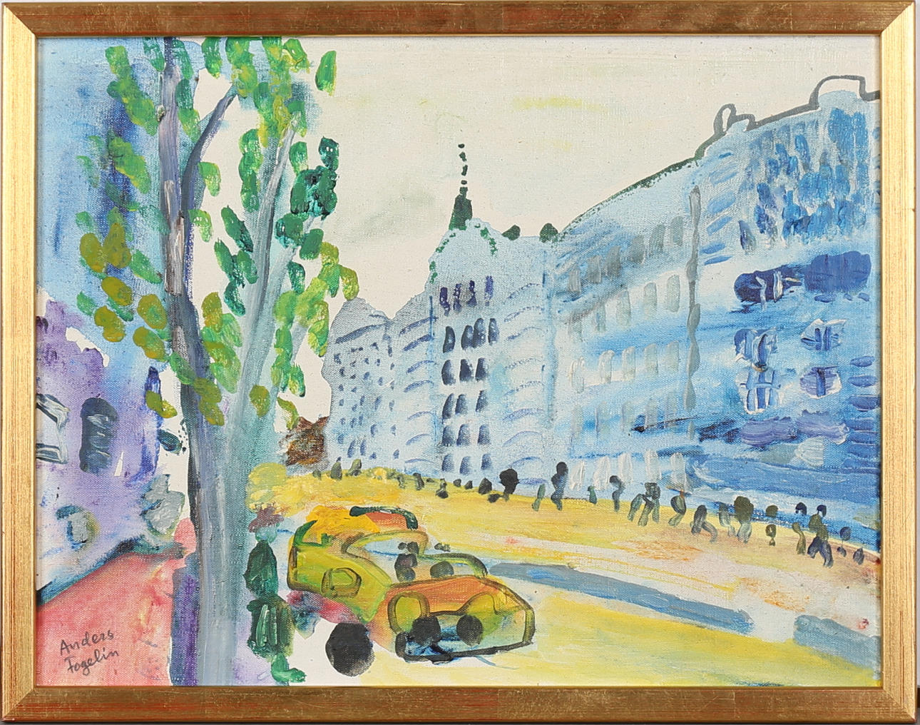 ANDERS FOGELIN. Stadsbild. Olja på duk, uppfodrad på pannå, signerad.