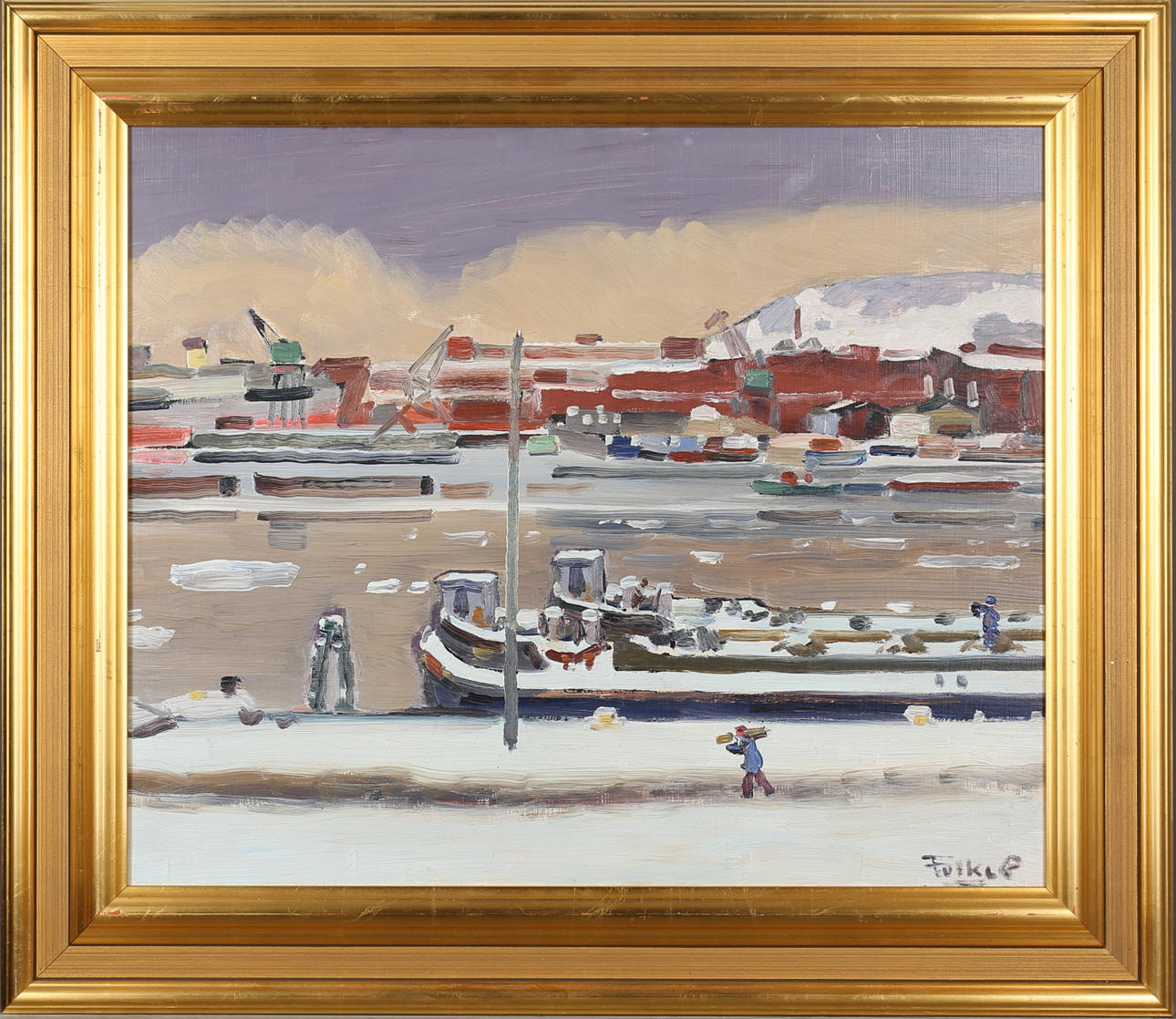 FOLKE PERSSON. Motiv från Göteborgs hamn. Olja på pannå, signerad Folke P och daterad 1958 a tergo.