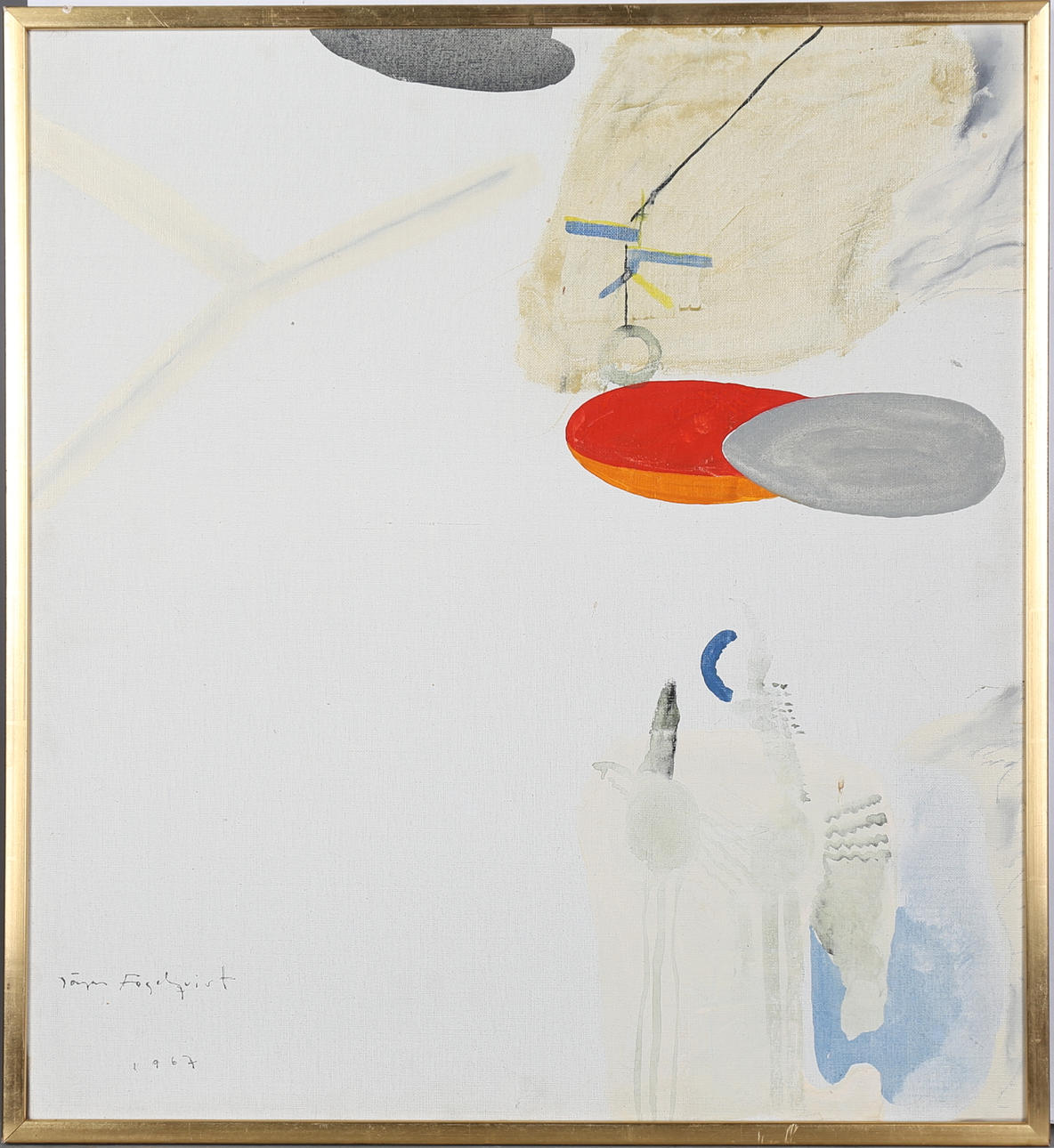 JÖRGEN FOGELQUIST. "Sommarateljén". Blandteknik, signerad och daterad 1967.