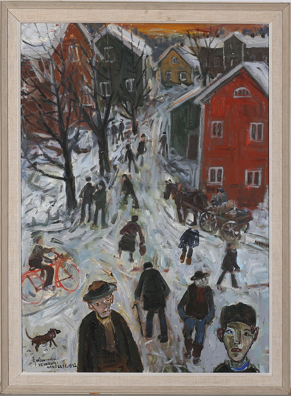ÅKE WICKSTRÖM. "Bygata den 23/12 1942". Olja på duk, signerad Å Wickström och daterad 1969 a tergo.