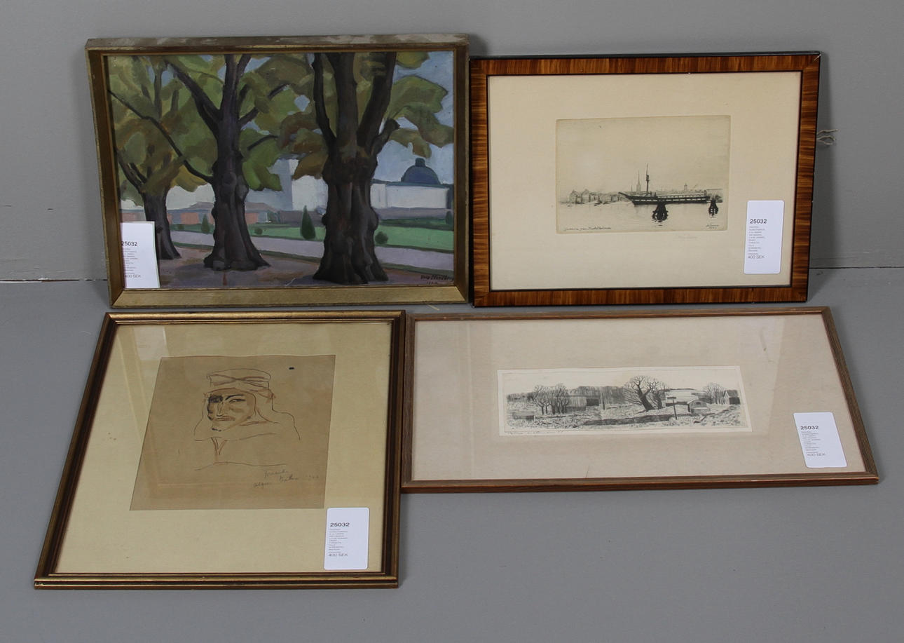 DIVERSE KONSTNÄRER, 4 st. HARRY WICHMANN, LOUIS SPARRE, EINAR FORSETH, OLLE NORDBERG. Blandade tekniker, signerade.