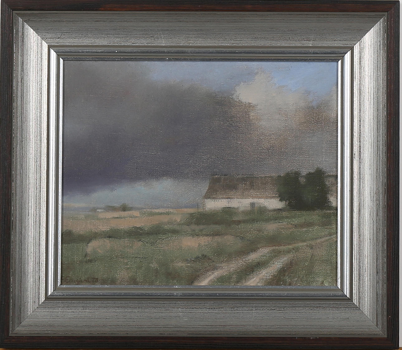 ANDERS EMGÅRD. Olja på duk, hus i landskap, signerad A Emgård samt daterad 78.