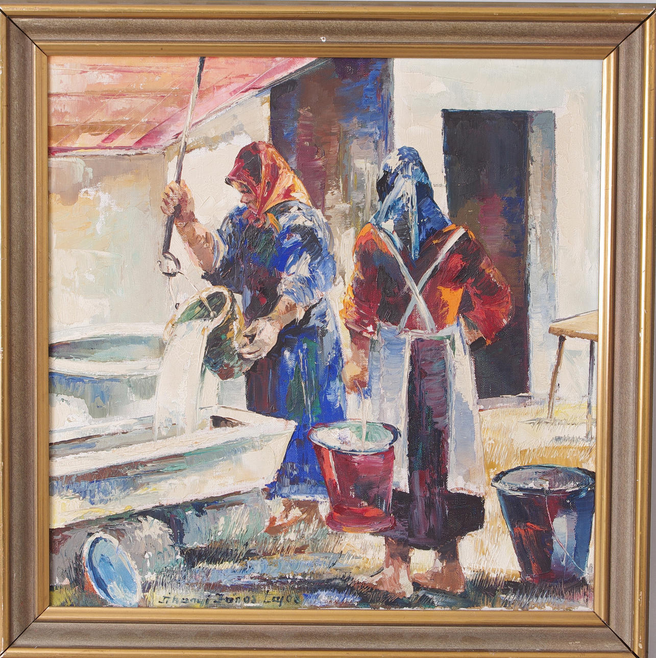 JANOS LAJOS TIHANYI. Kvinnor som tvättar, olja på duk, signerad.