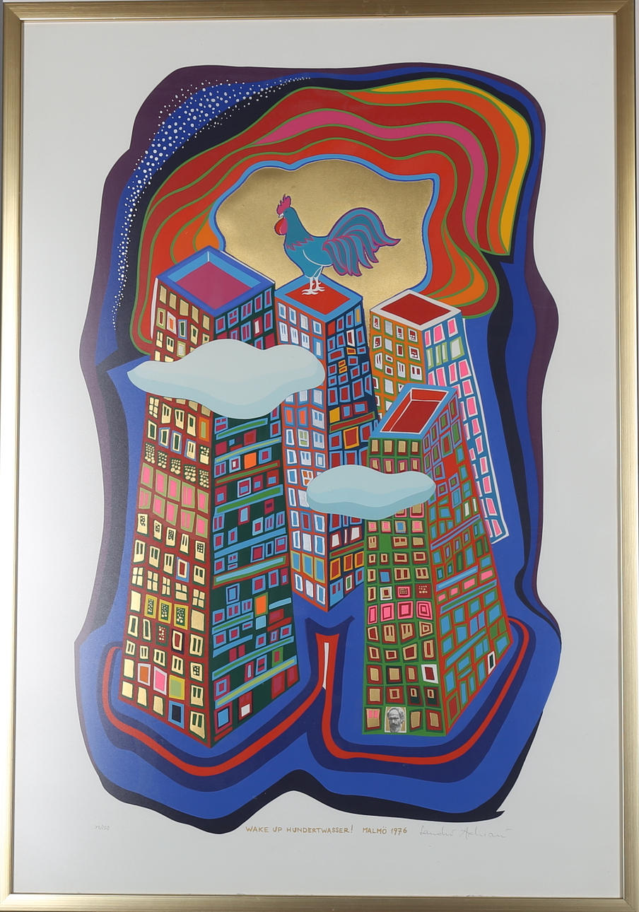 OIDENTIFIERAD KONSTNÄR. Färglitografi "Wake up Hundertwasser!" signerad, numrerad 75/150 samt daterad Malmö 1976.
