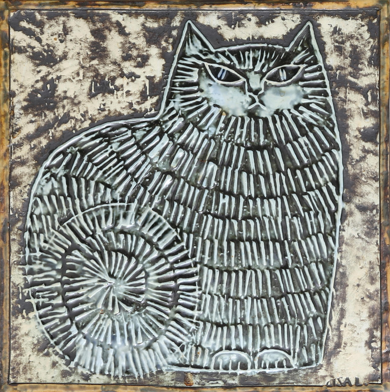 LISA LARSON. Väggplakett, stengods, Katt, Gustavsberg.