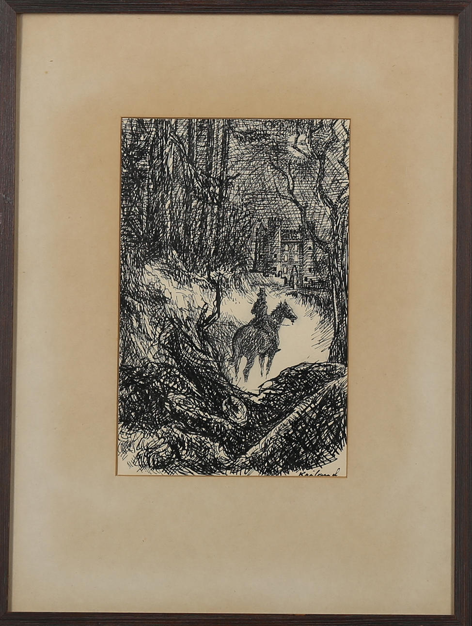 GÖSTA KRILAND. "The fall of the house of Usher", tuschteckning? signerad Kriland.