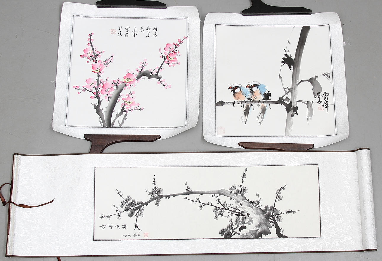 RULLMÅLNING, 1 st. samt AKVARELLER, 2 st. Kalligrafi, Kina, samtida.