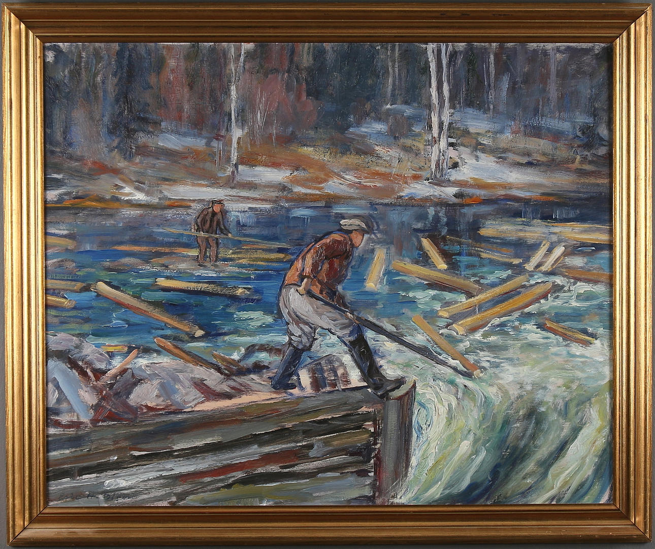 ERIC H OLSON. Timmerflottare, olja på pannå, signerad.