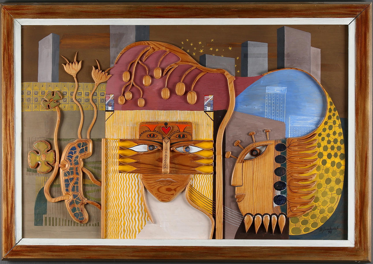 RAGNAR BJERMKVIST. "Berlinda", relief/blandteknik på trä, signerad och daterad -73.