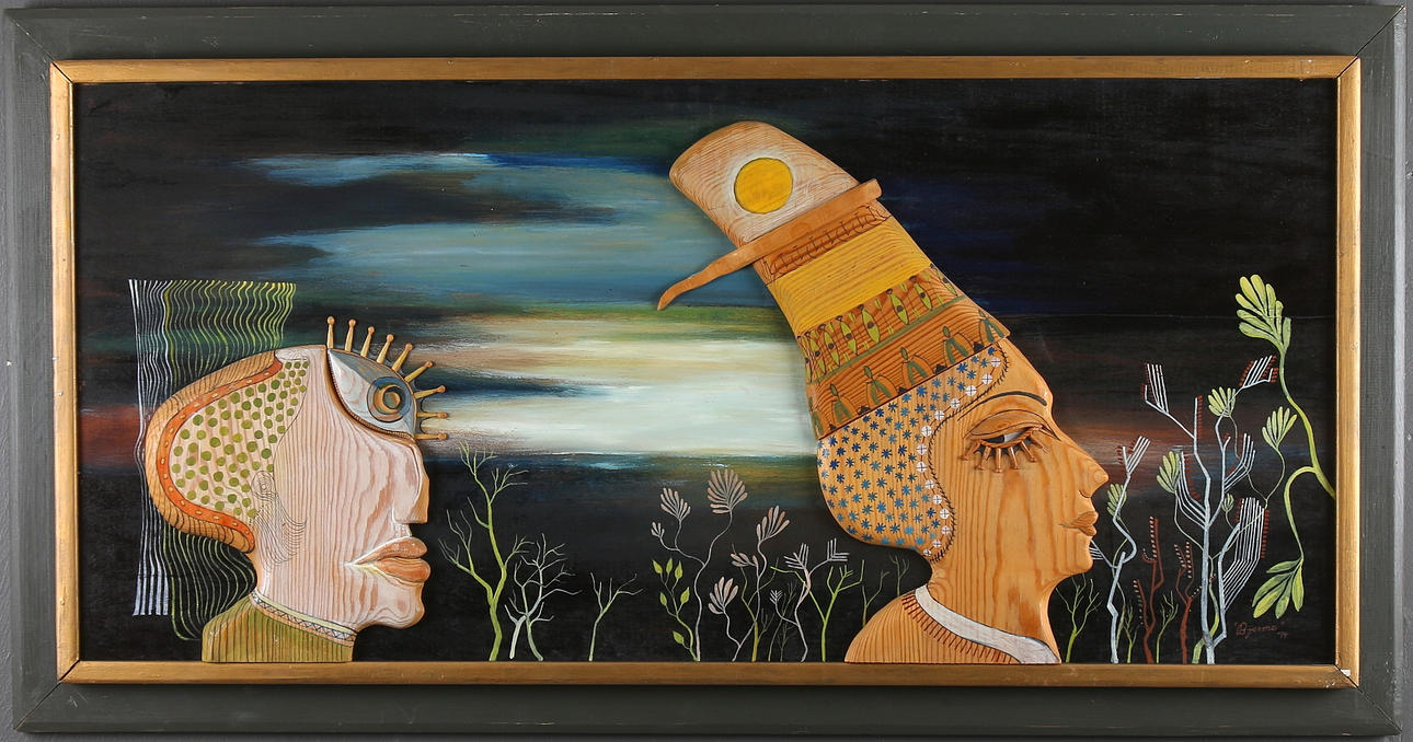 RAGNAR BJERMKVIST. Relief/blandteknik på trä, signerad Bjerme och daterad -74.