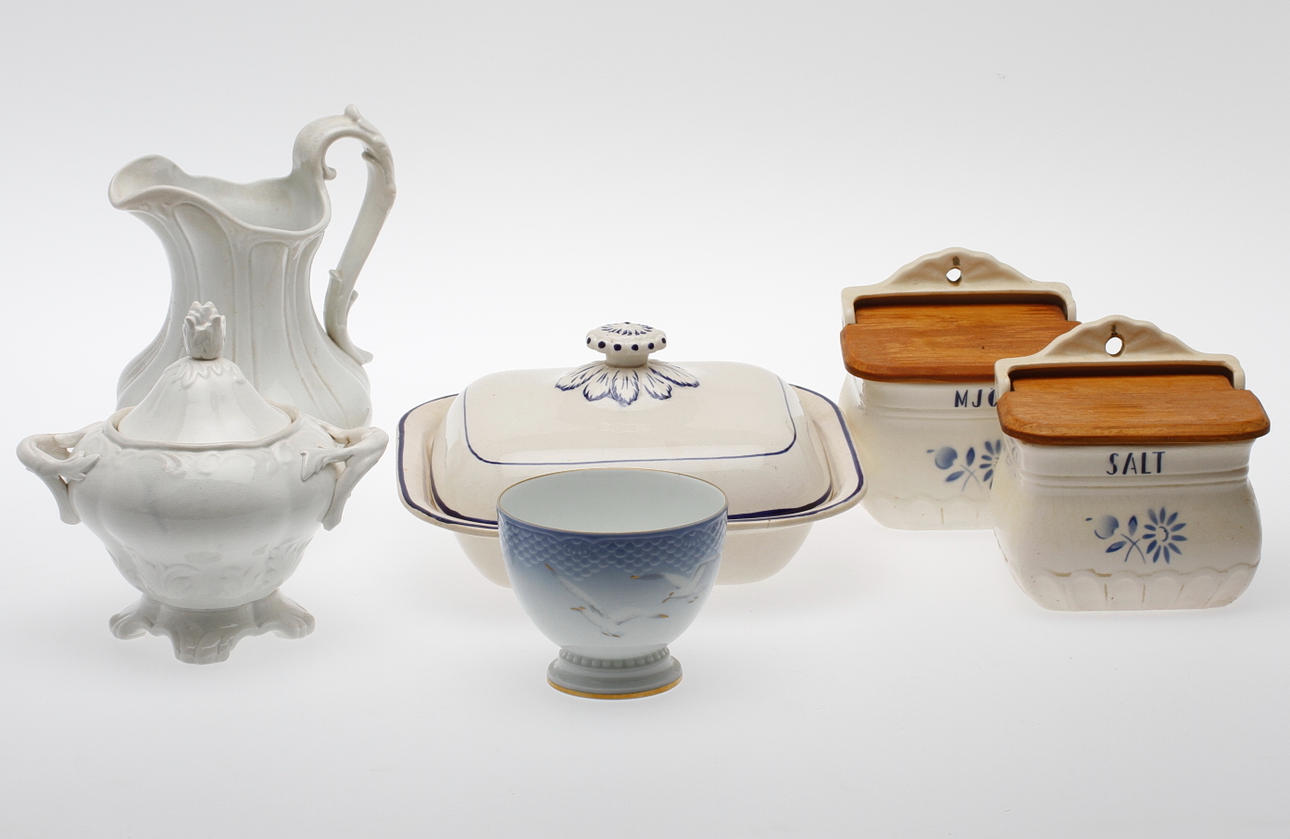 PARTI KERAMIK, 6 delar, Gustafsberg och "Måsen" Bing & Gröndahl, 1800-1900-tal.