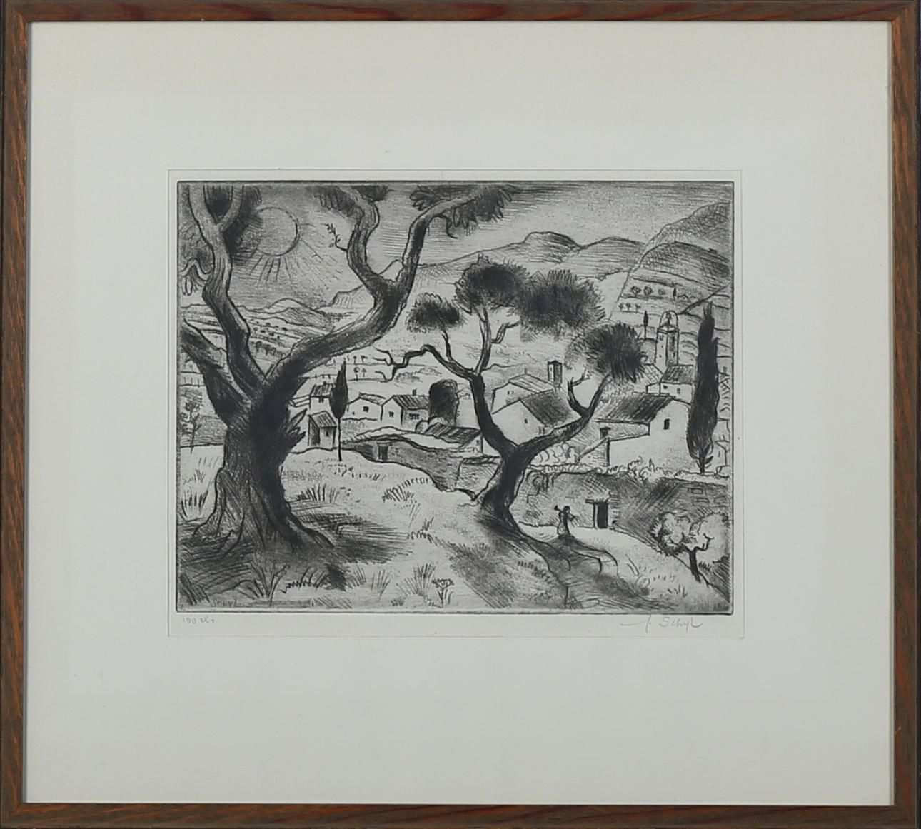 JULES SCHYL. Etsning, sydländskt landskap, signerad J. Schyl, numerad 100 ex.