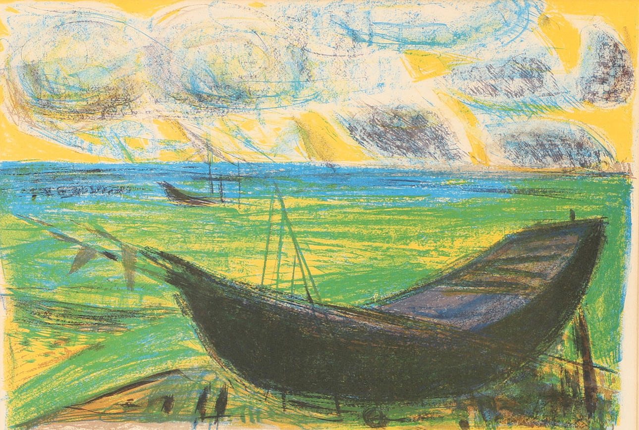 ELSE JENSEN. Coastal scene with boat, color lithograph, signed.