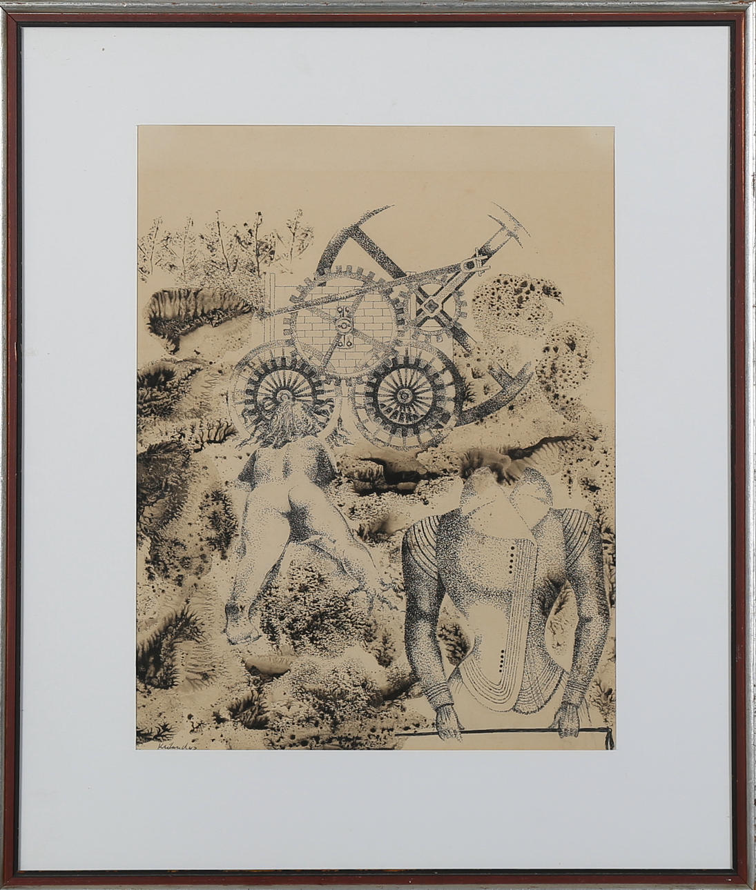 GÖSTA KRILAND. Blandteknik, surrealistisk komposition med kvinna, signerad Kriland.