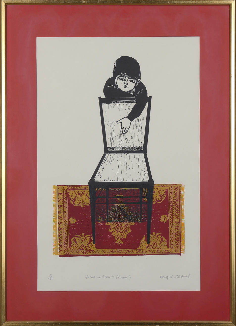 OIDENTIFIERAD KONSTNÄR. "Cocuk ue iskemle", linoleumtryck, otydligt signerad Nayat Akoral? och numrerad 5/20.