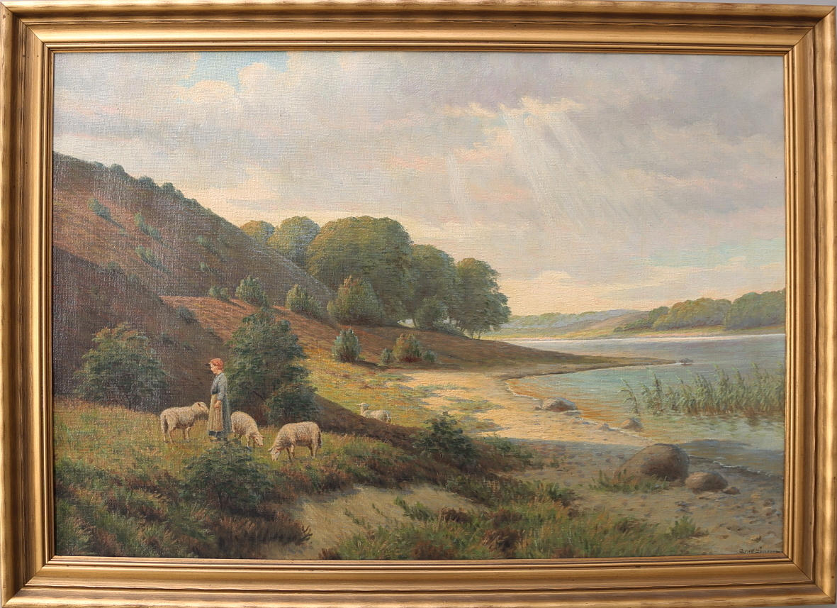 ALFRED LARSEN. Olja på duk, landskap med får, signerad.