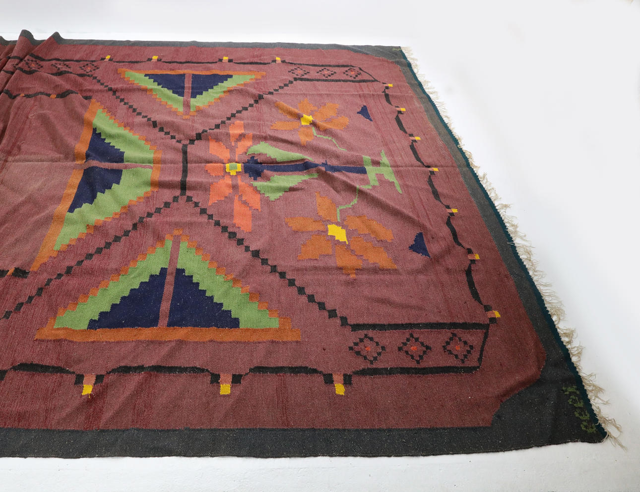 CARPET, 250 x 486 cm, Kilim, signed, dated 1998.