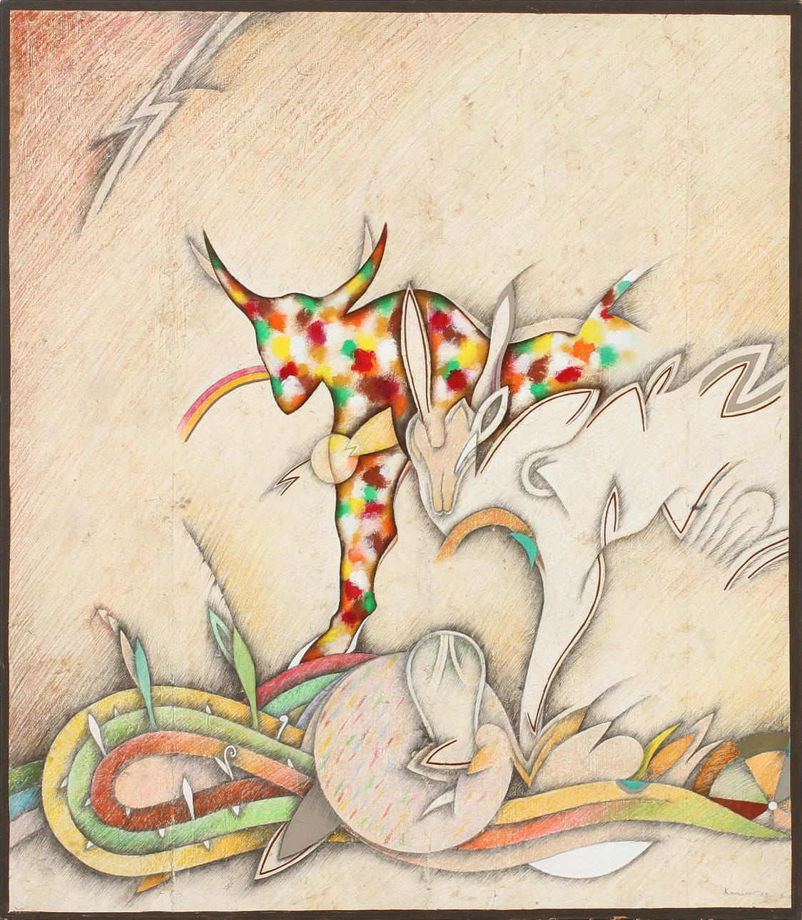 SAUL KAMINER. Komposition, blandteknik på papper, signerad 85.