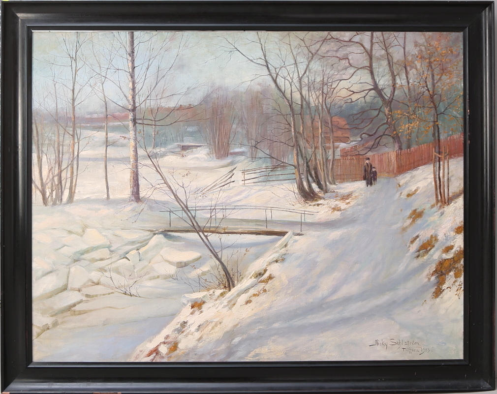 NICKY SAHLSTRÖM. Olja på duk, vinterpromenad, signerad, daterad 1913.