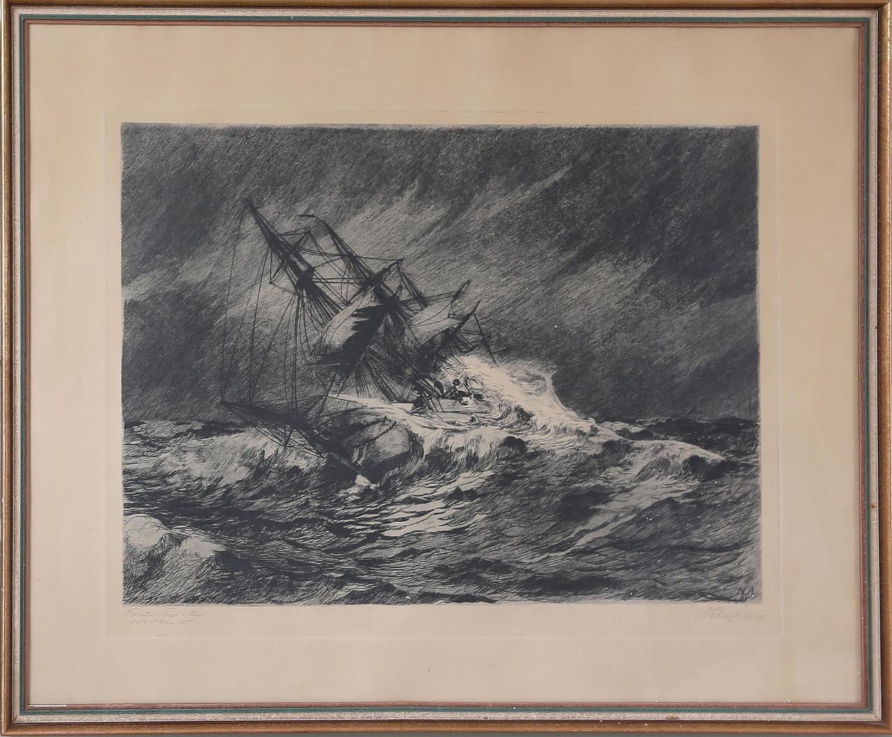 OIDENTIFIERAD KONSTNÄR. "Korvetten Freja i storm", etsning, signerad och daterad, mars 1905.