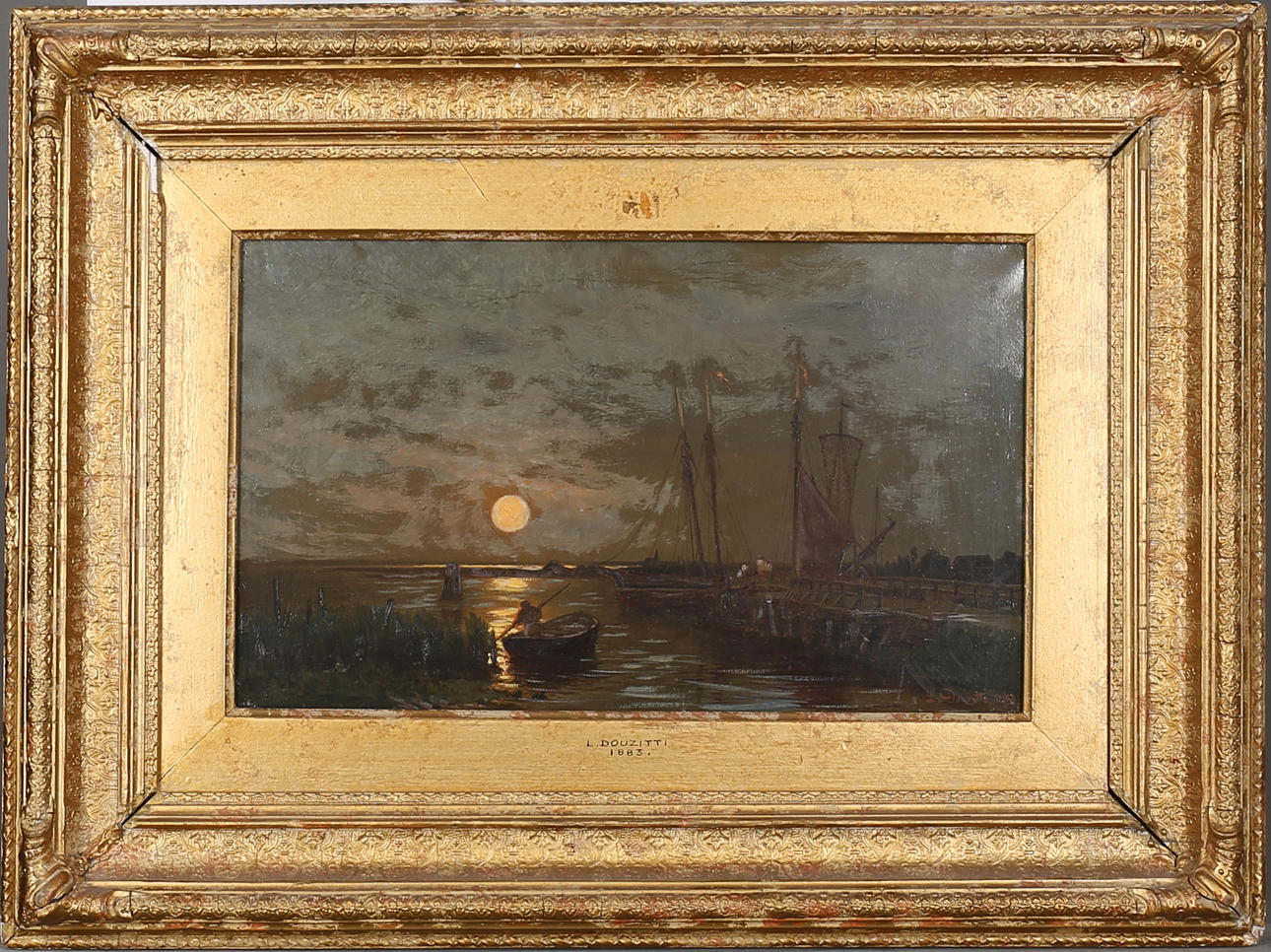 LOUIS DOUZETTE (1834-1924). Kustlandskap i månsken. Olja på duk, signerad L. Douzette och daterad 1893.