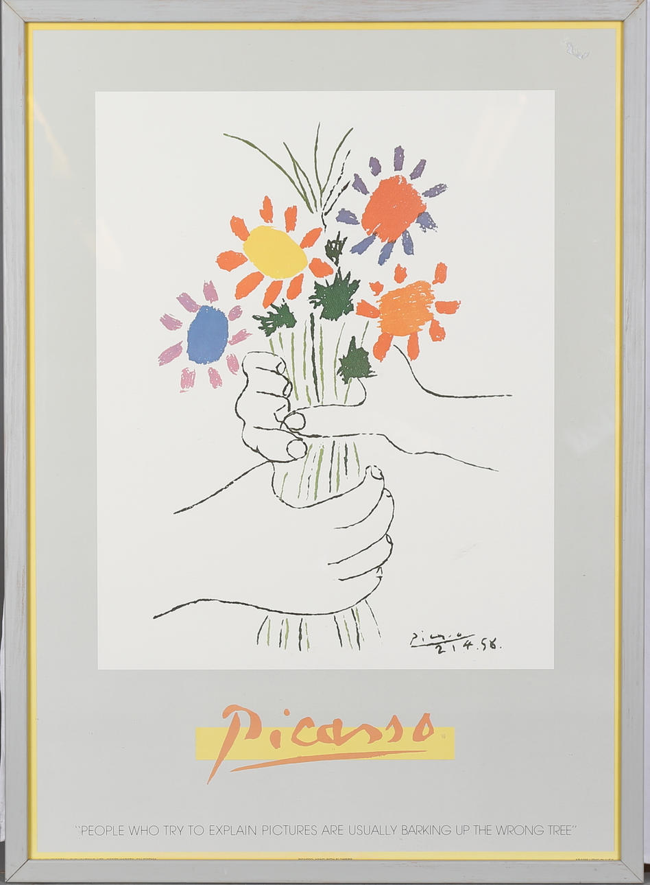 PABLO PICASSO. "Hand mit Blumen". Gerahmtes Poster, USA, 1981.