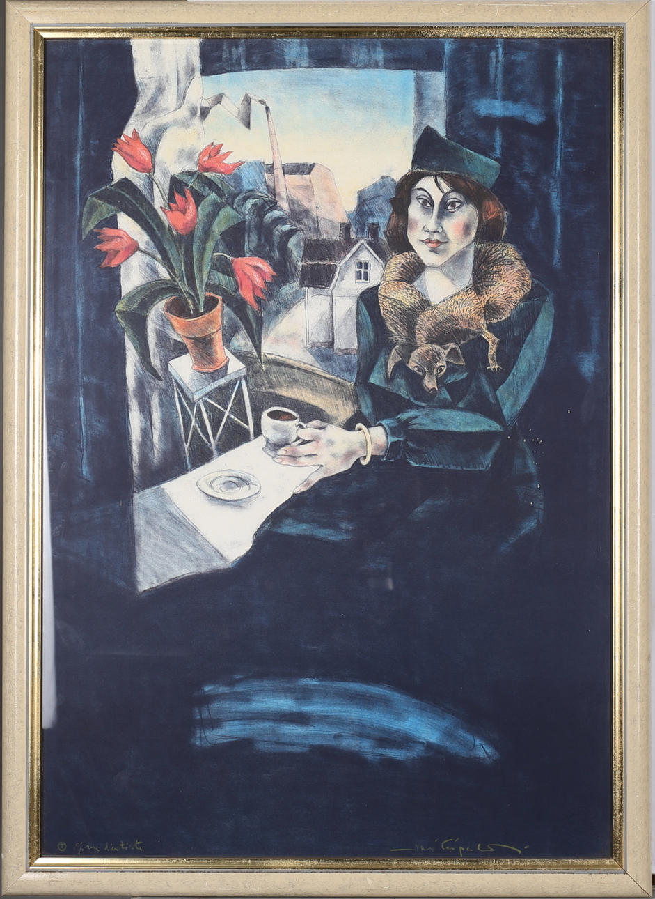 JUSSI TAIPALEENMÄKI. Fikande kvinna. Färglitografi, signerad och numrerad Épreuve d'Artiste.