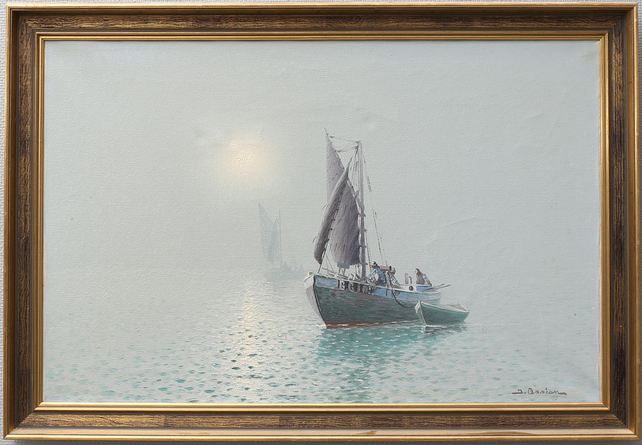 JOHAN OSSIAN ANDERSSON. Fiskare till havs. Olja på duk, signerad J. Ossian.