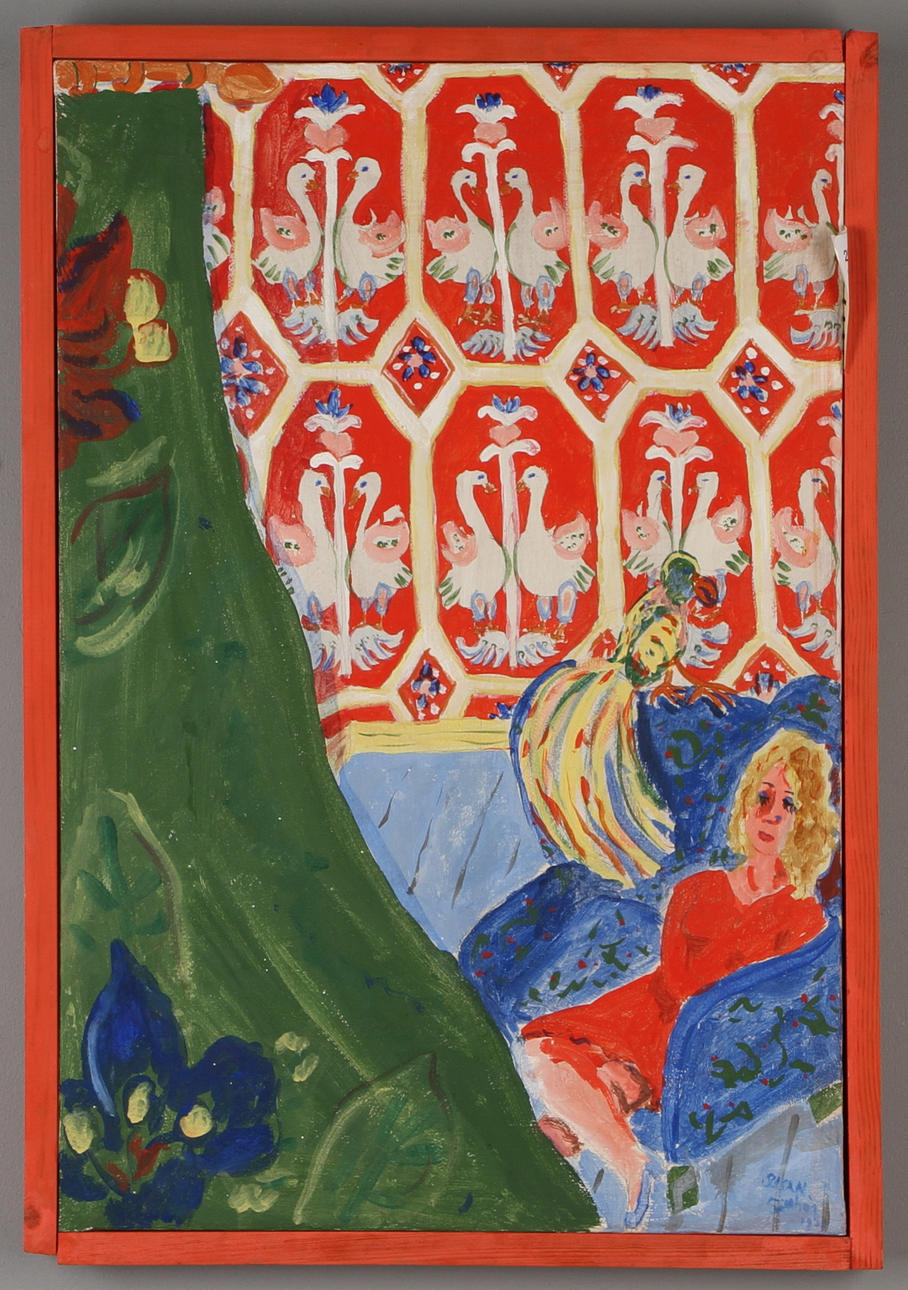 SUSANNE GILLHÖG. Komposition med dam och papegoja, olja på duk, signerad.