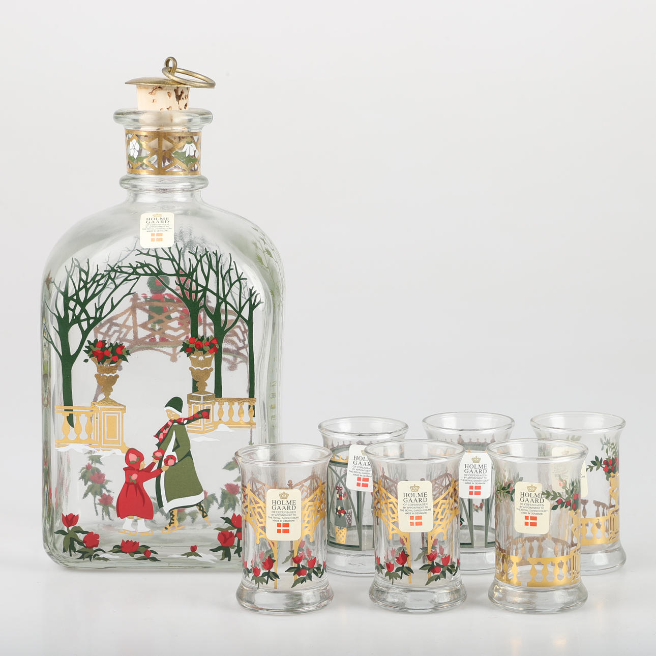 KARAFF OCH SNAPSGLAS, 7 delar, målat glas, Holmegaard, Danmark.