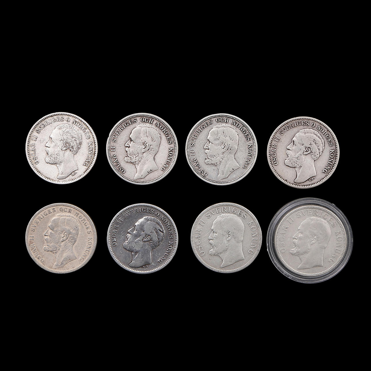 TWO CROWNS, 8 pcs, silver, Oscar II, 18/early 20th century.