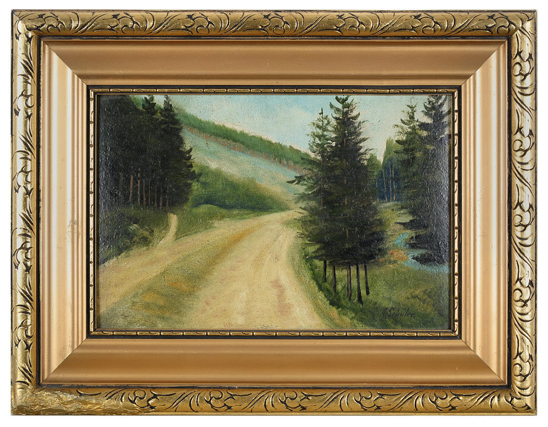 A. SCHÜLER. " Waldweg ". Öl auf Karton.