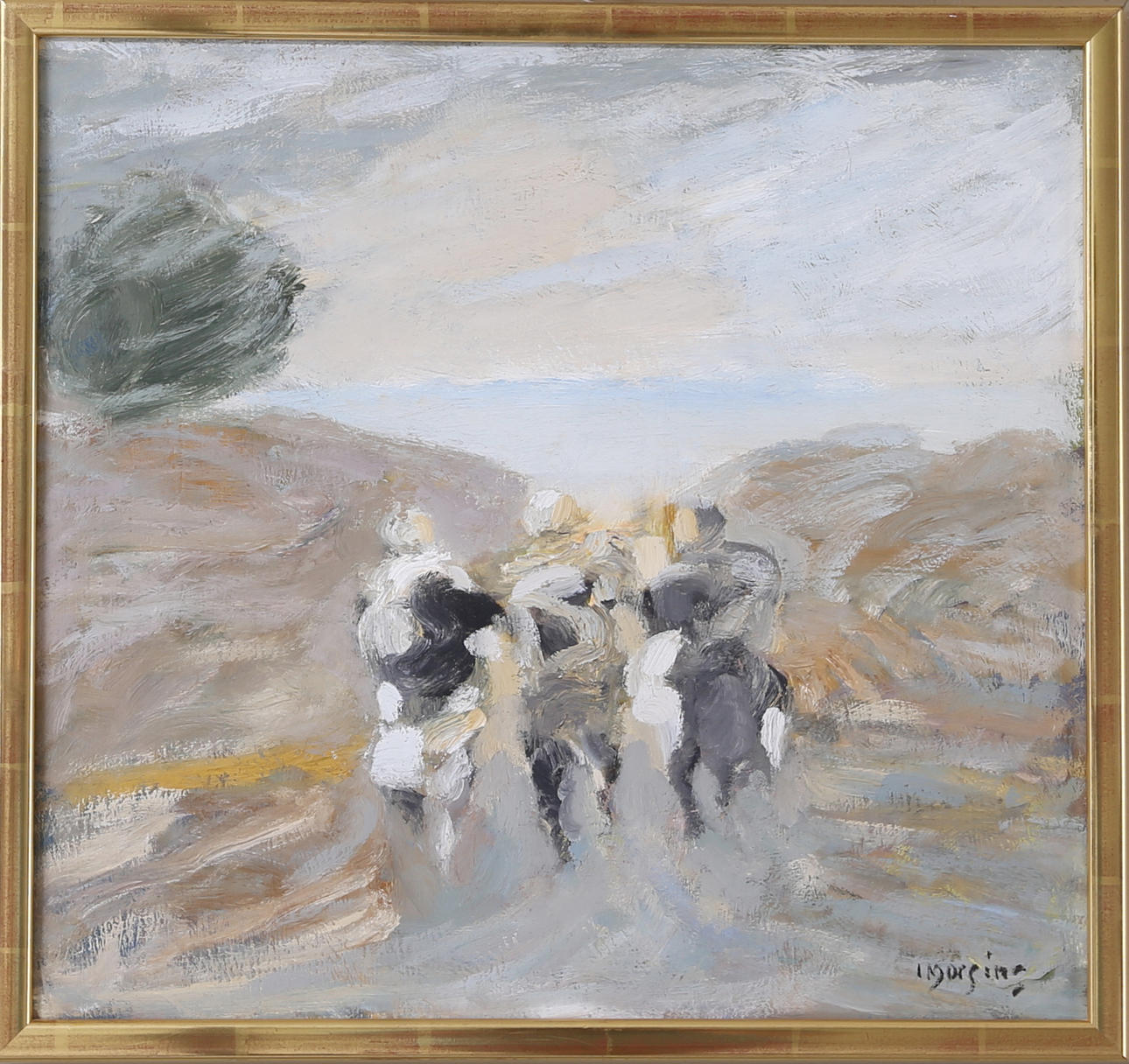 IVAR MORSING. "På väg från badet", olja på pannå, signerad.