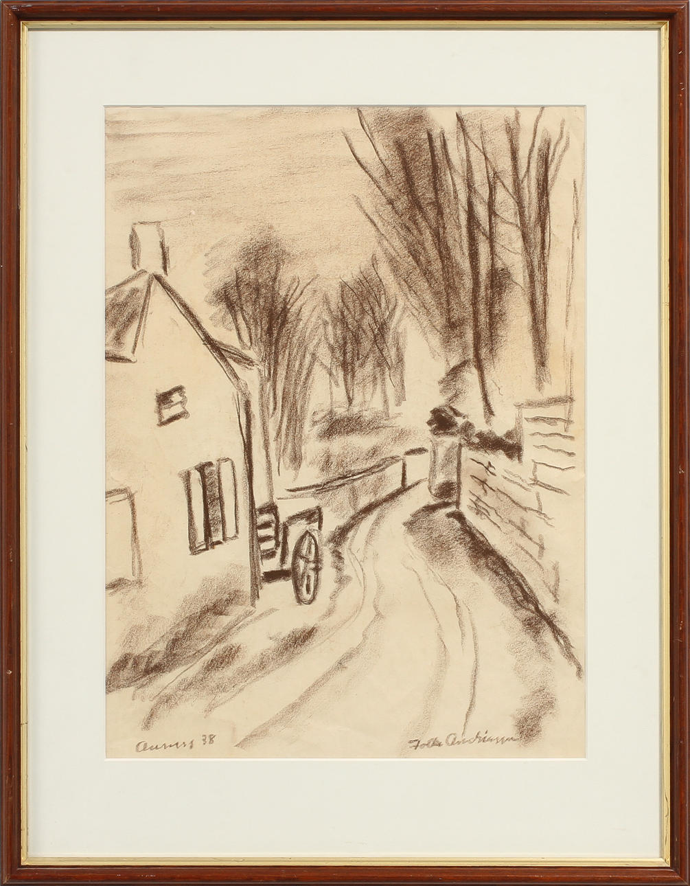 FOLKE ANDREASSON. Hus och väg, krita, signerad.