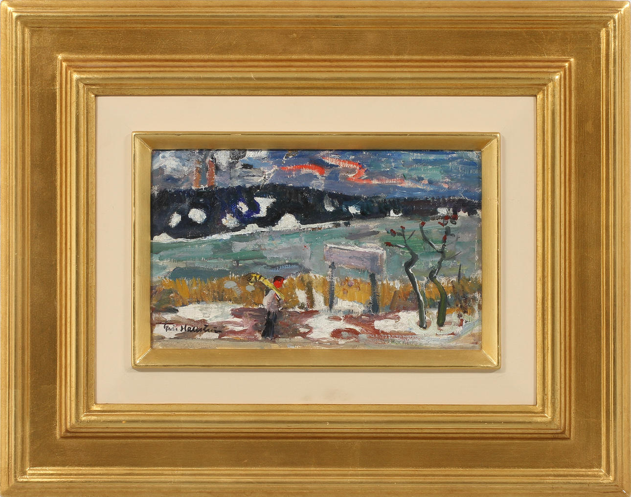 ERIC HALLSTRÖM. Landskap med figur, olja på pannå, signerad.