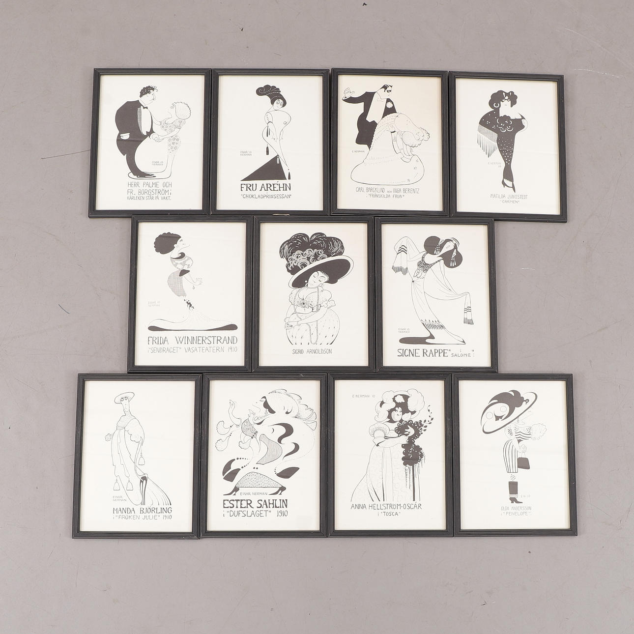 EINAR NERMAN. Print, 11 pcs, celebrities. Framed.