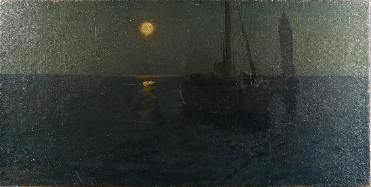 ARVID JOHANSSON. Fiskarbåtar i solnedgång, olja på duk. signerad.