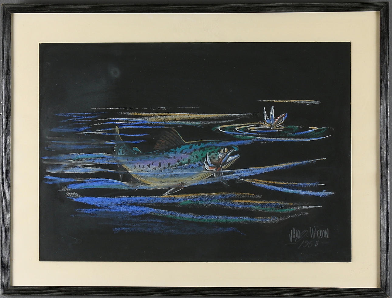 JAN WEDIN. Öring fångar fluga, krita på papper, 2 st, signerade och daterade 1958.