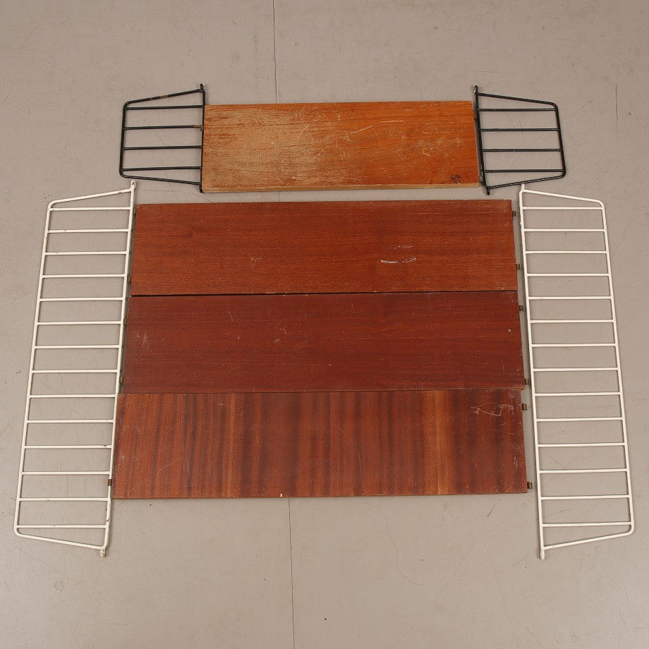 STRING SHELF, teak, 3 shelves and 2 ends and STRING SHELF with one shelf and 2 ends.