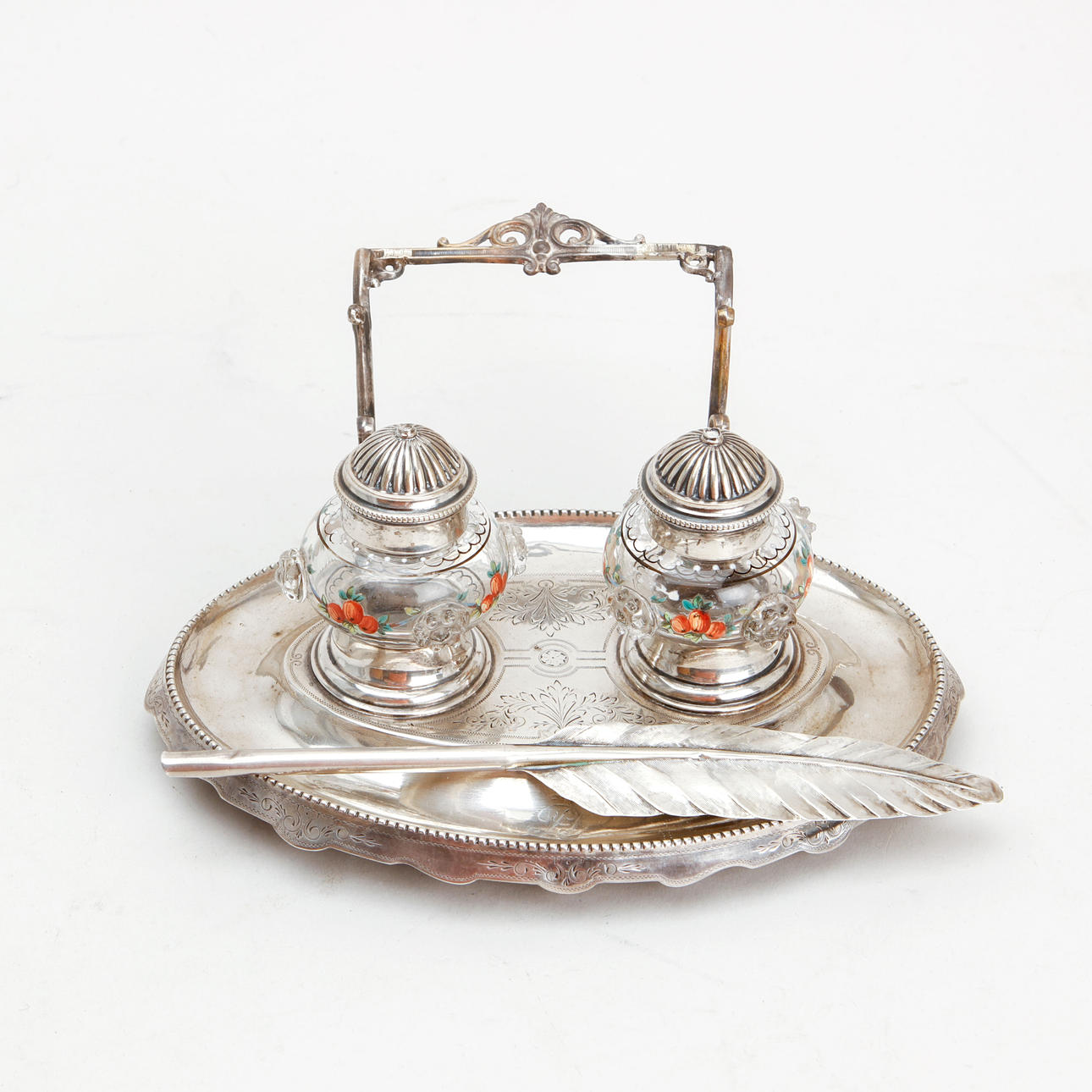 SCHREIBTISCH-SET, Silber und Glas, 4-teilig.