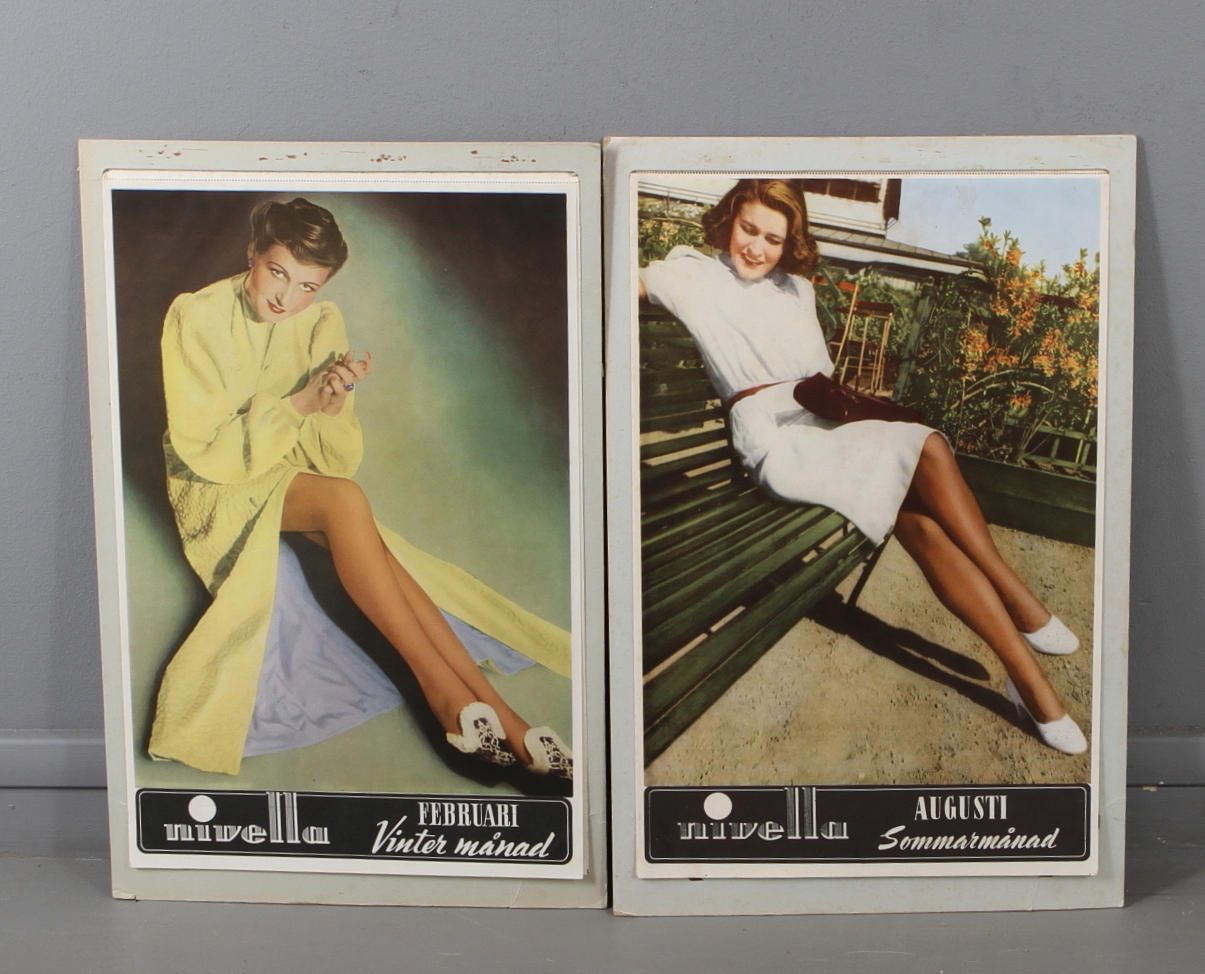 REKLAMPLANSCHER, 12 st, Nivella strumpor, omkring 1900-talets mitt.