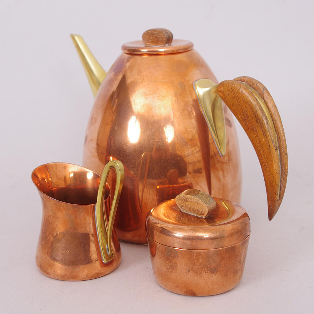 KAFFESERVIS, koppar, mässing/teak, design Georg Jensen för Illums Bolighus.