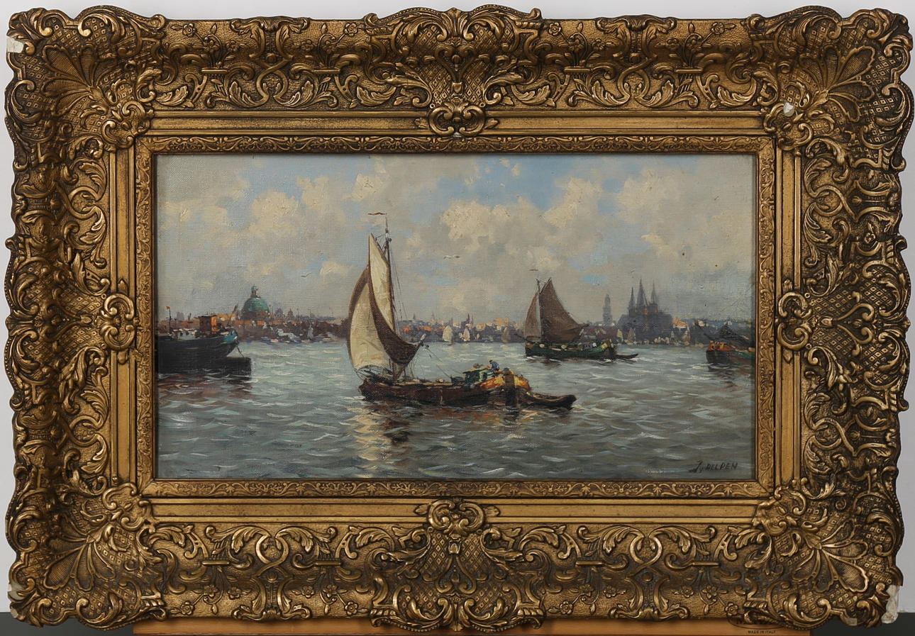 JAN VAN DELDEN. Segelfartyg i hamn, olja på duk, signerad J van Delden.