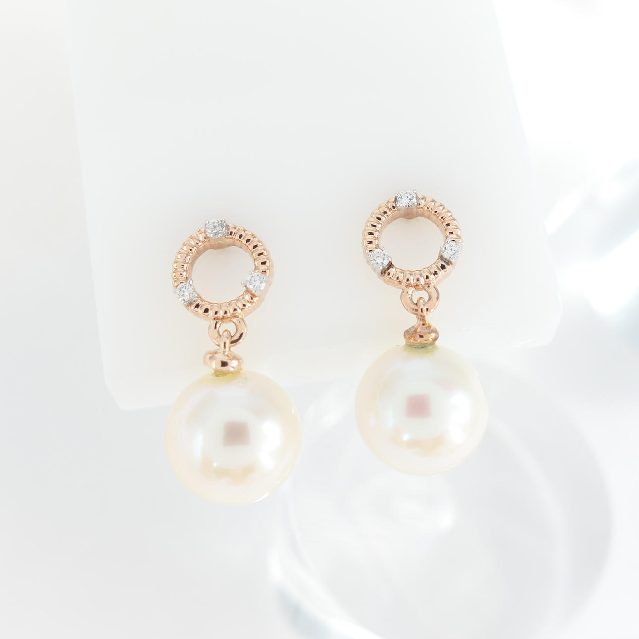 PERLE & DIAMANT ØRERINGE, rosa guld.