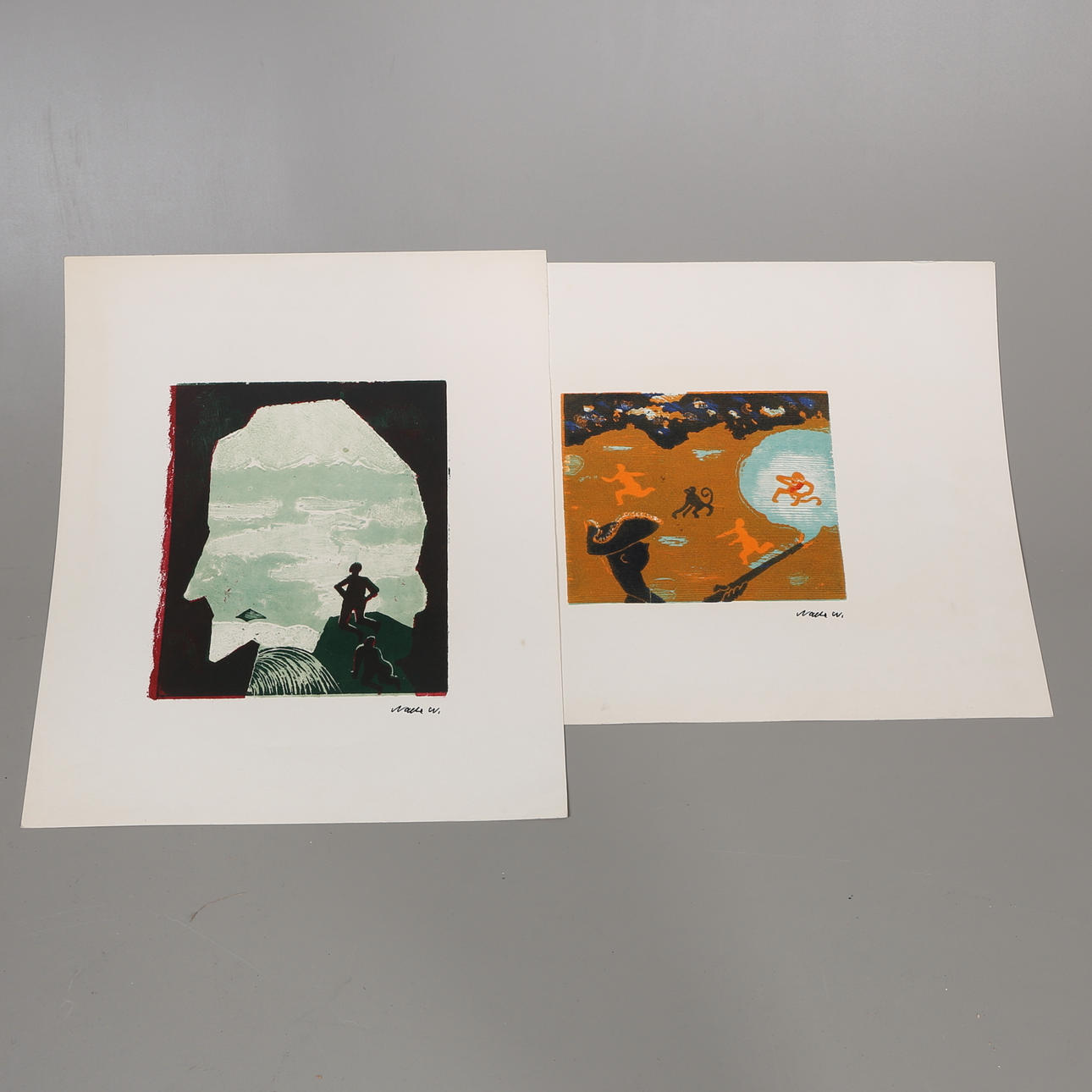 NALLE WERNER. Färglitografier, 2 st, stämpelsignerade, 1900-tal.