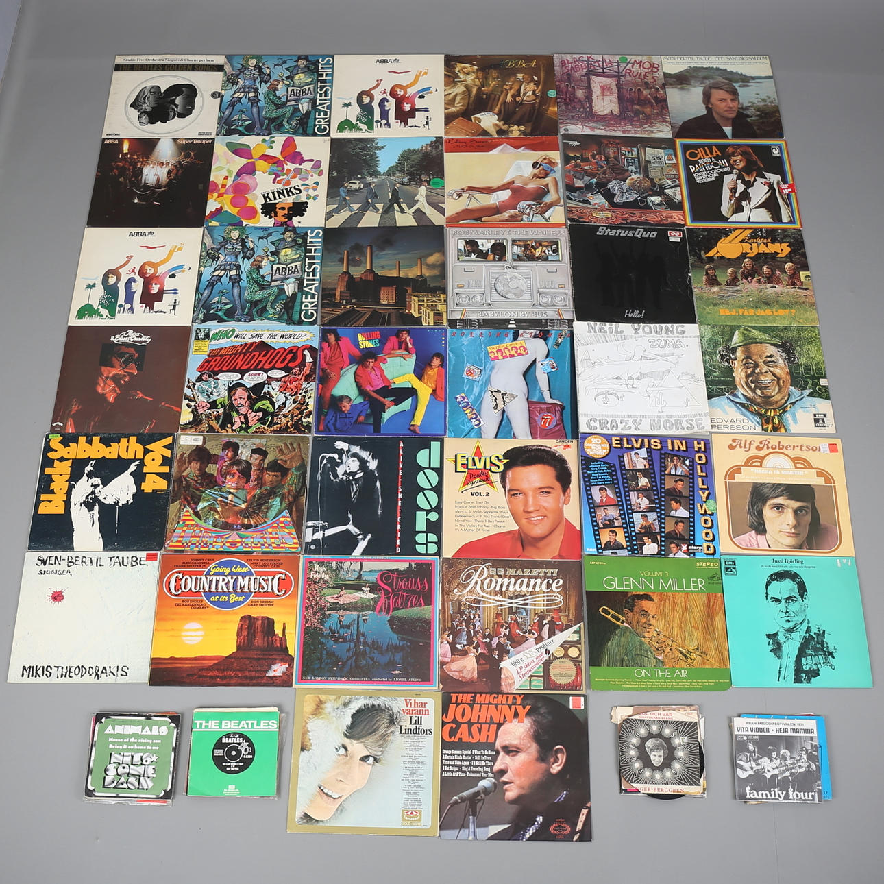 PARTI LP-SKIVOR och singlar, ett 60-tal, bl a Johnny Cash, The Beatles, Hep Stars.